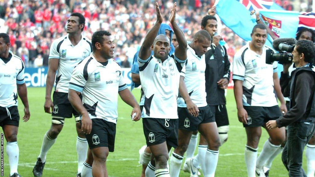 Fiji celebrate victory against Wales at the 2007 World Cup in Nantes