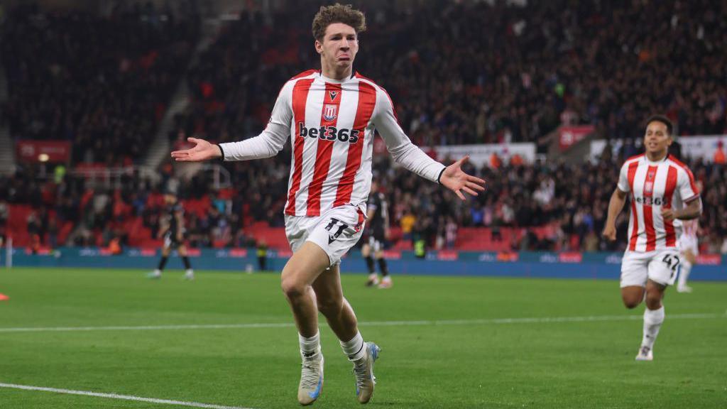 On-loan Lewis Koumas celebrates scoring a goal for Stoke