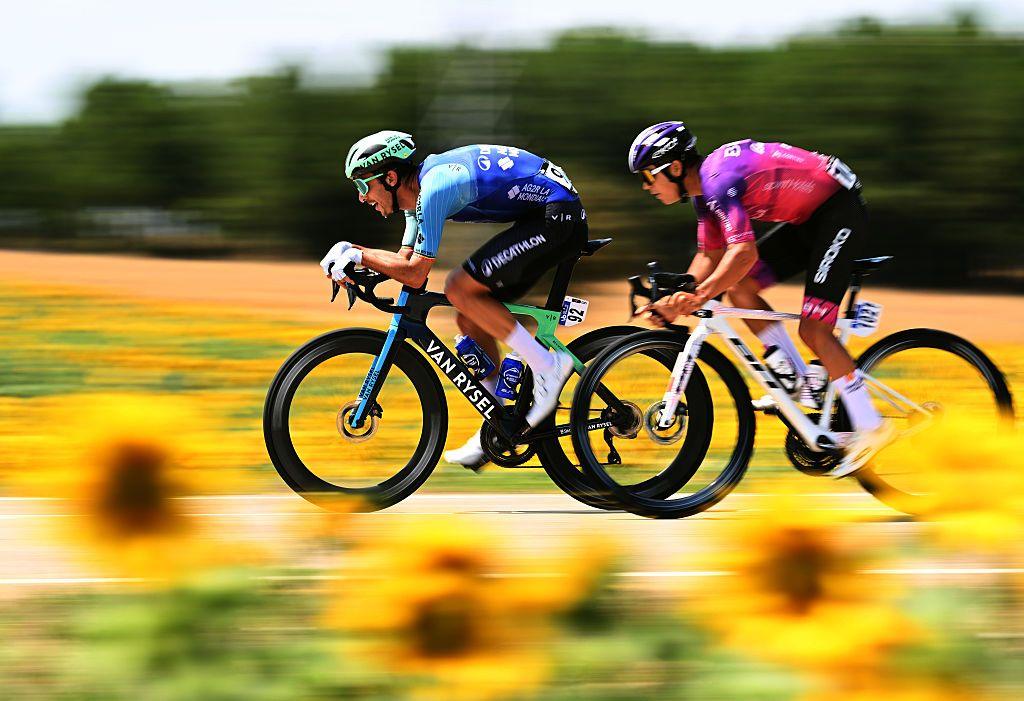 Belgium's Dries De Bondt and Spain's Carlos Garcia Pierna compete in the breakaway during the 47th Vuelta a Burgos 2025, Stage 1 a 204.7km stage from Olmillos de Sasamon to Burgos, Spain. Photo by Antonio Baixauli