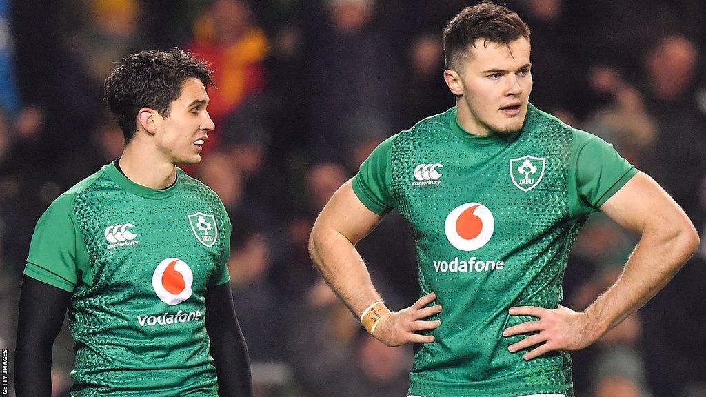 Joey Carbery (left) and Jacob Stockdale (right) in action for Ireland in 2019