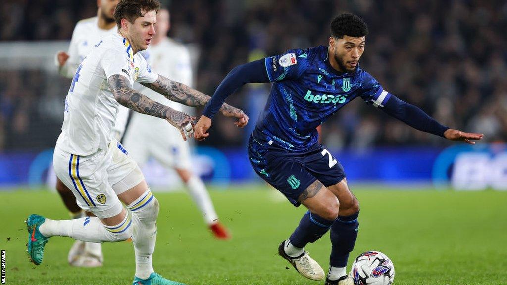 Josh Laurent, pictured in action against Leeds, has made 60 Championship appearances for Stoke since joining from Reading in June 2022