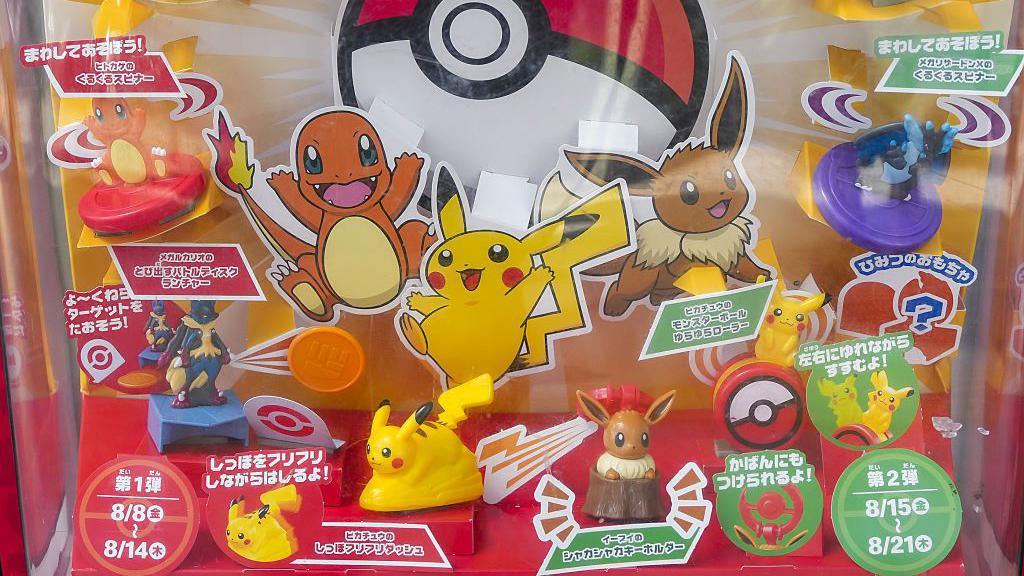 Samples of Pokemon toys for the Happy Meal set displayed outside a McDonald's restaurant in Tokyo, Japan.