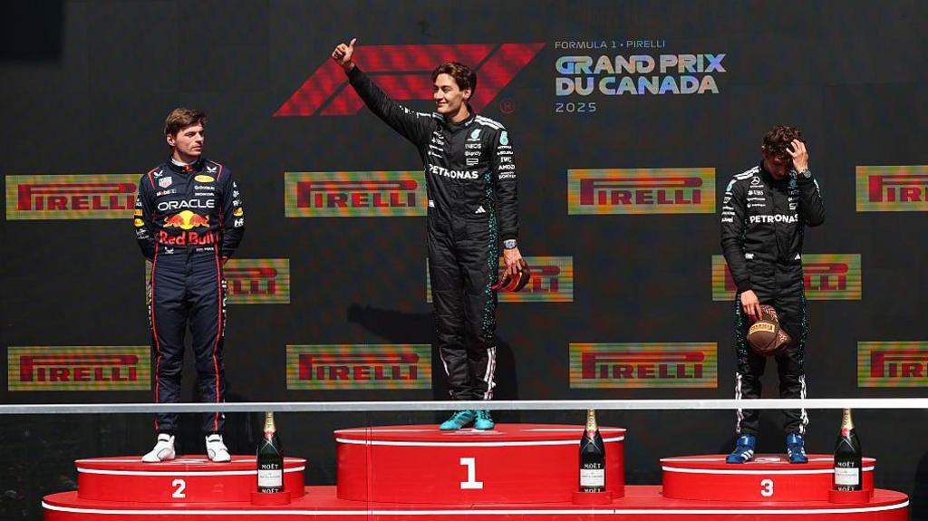 George Russell (centre), Max Verstappen (left) and Kimi Antonelli were the top-three finishers at the Canadian Grand Prix in June