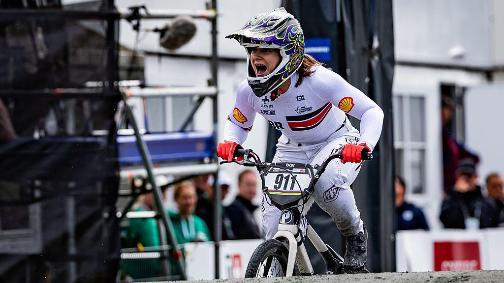 Great Britain's Beth Shriever after winning the 2025 BMX Racing World Championship.