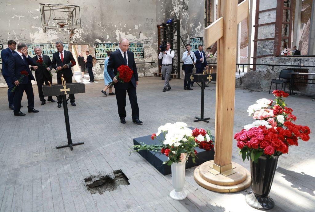 Vladimir Putin visits the destroyed school No 1 in Beslan in August 2024