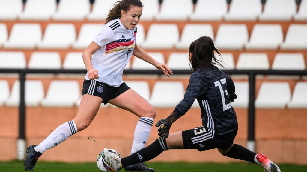 Germany's Mara Alber tries to round the keeper
