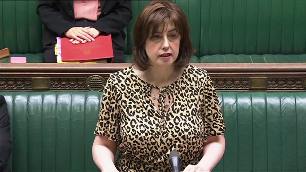 Lucy Powell in House of Commons, wearing cheetah print top.