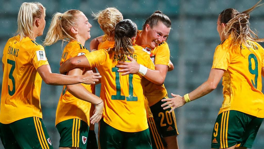 Wales' Carrie Jones celebrates scoring during the World Cup Qualifier against Greece