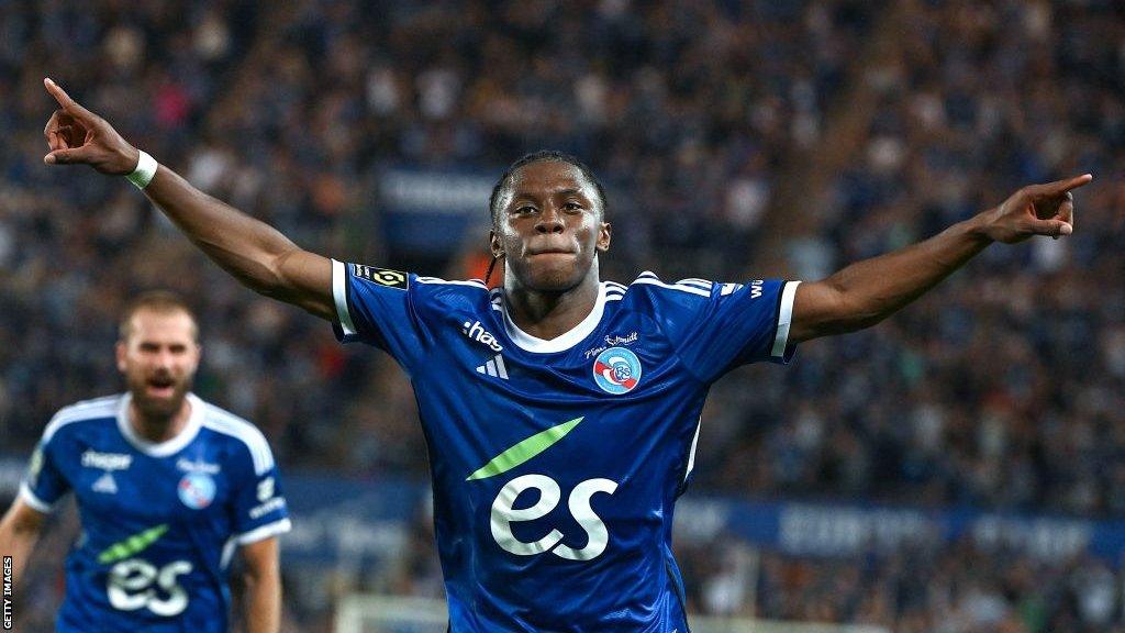 Jean-Ricner Bellegarde celebrates scoring for Strasbourg