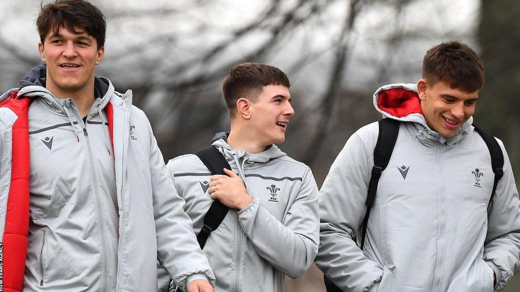 Teddy Williams, Joe Hawkins and Dafydd Jenkins on the way to Wales training