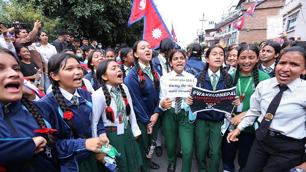 Young protestors in Kathmandu.
