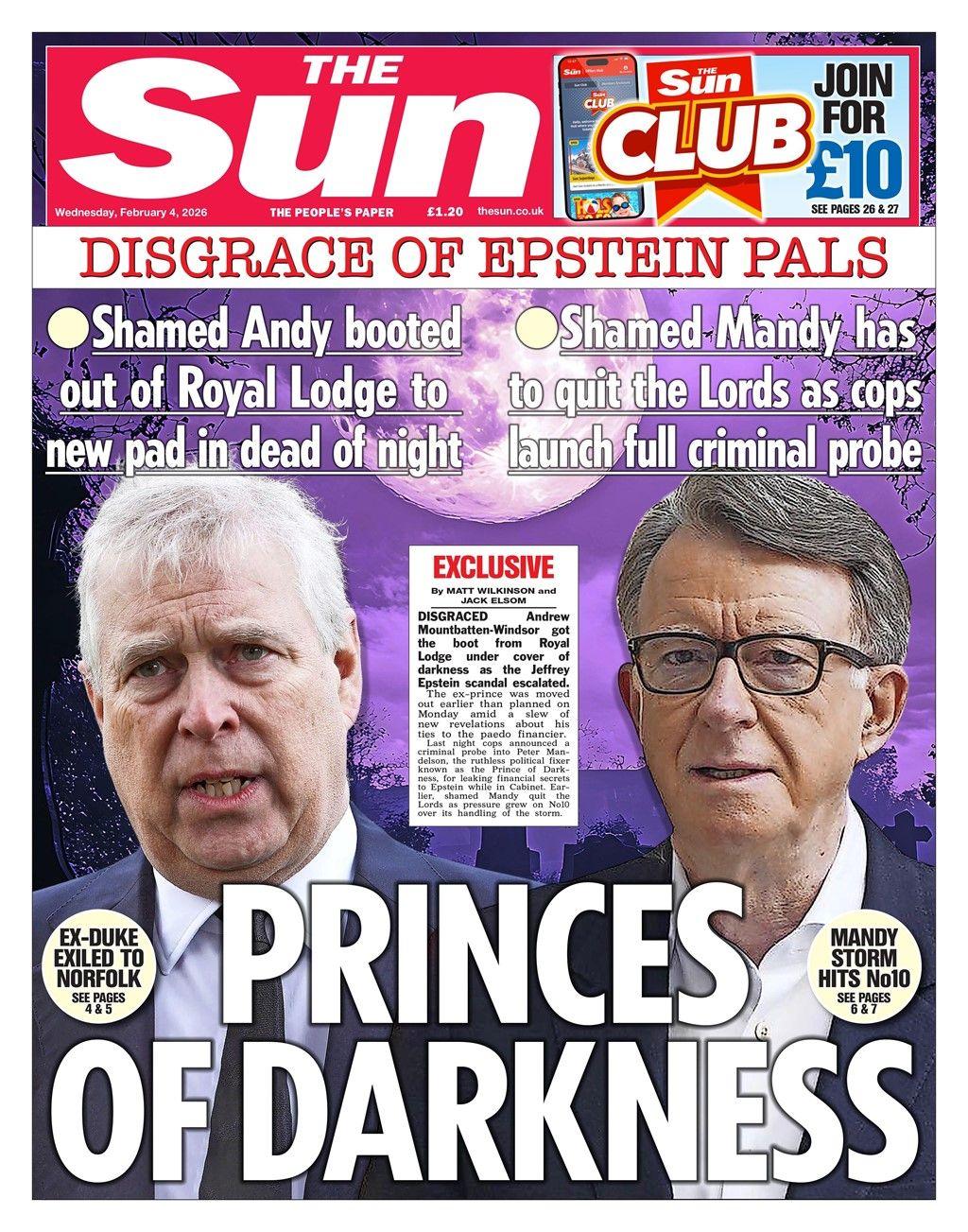 “Turpimi i Epstein: Princat e Errësirës” është titulli kryesor në faqen e parë të gazetës “The Sun”.