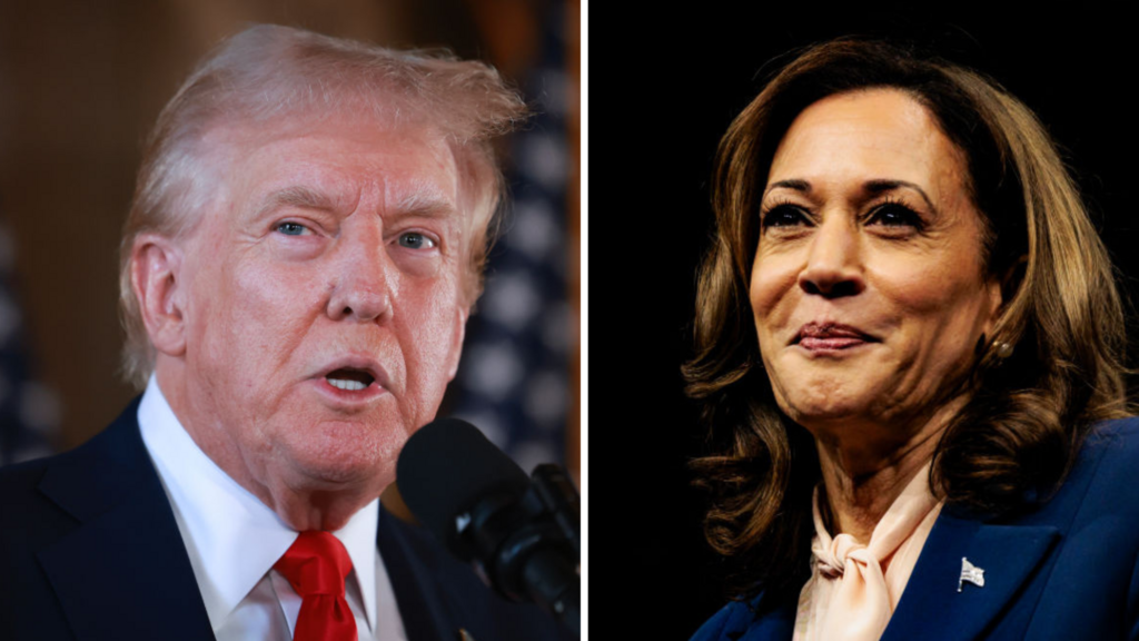 Donald Trump and Kamala Harris photographed in a split photo