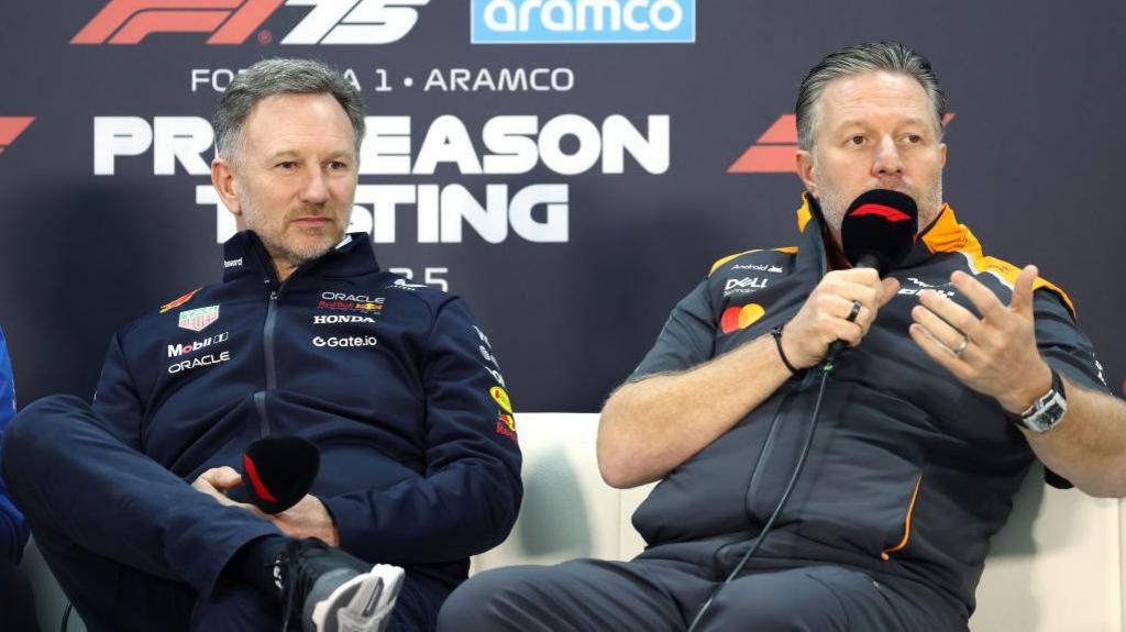 Christian Horner and Zak Brown in a news conference during pre-season testing