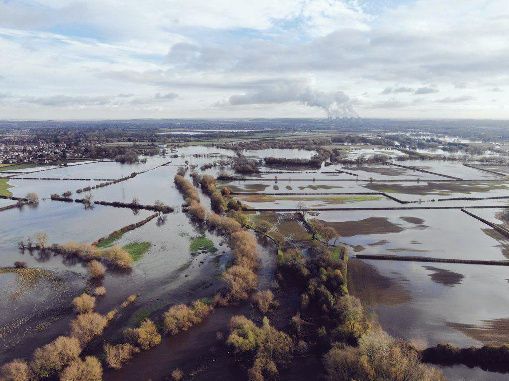 The River Derwent snakes between many acres of flooded land Ambaston in Derbyshire