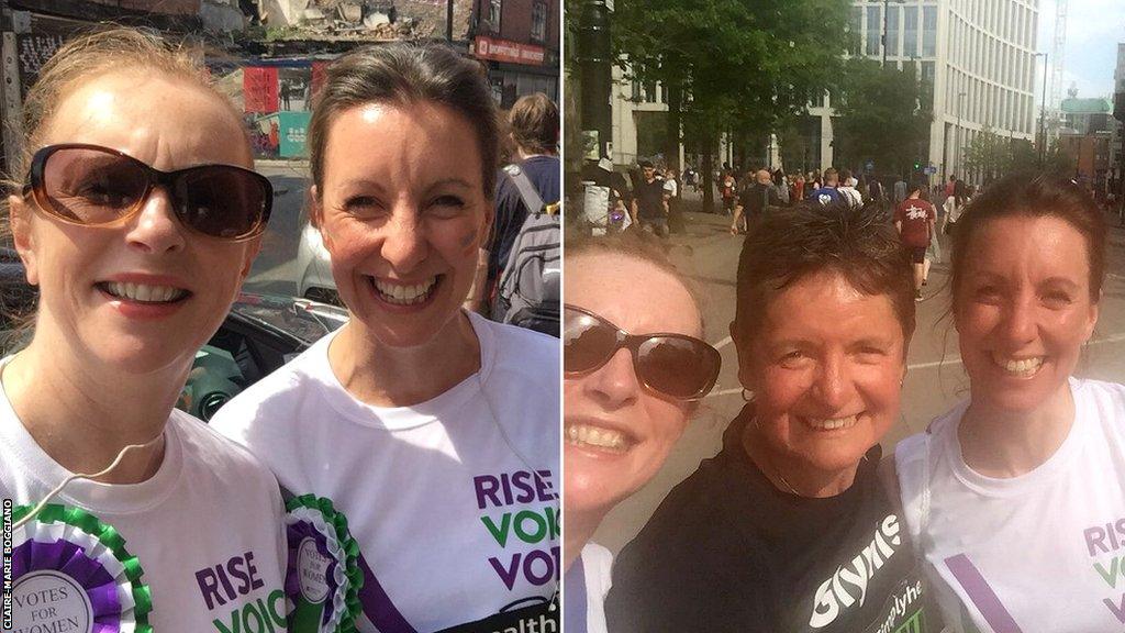 Claire-Marie (in sunglasses) before (left) and after (right) the Great Manchester Run