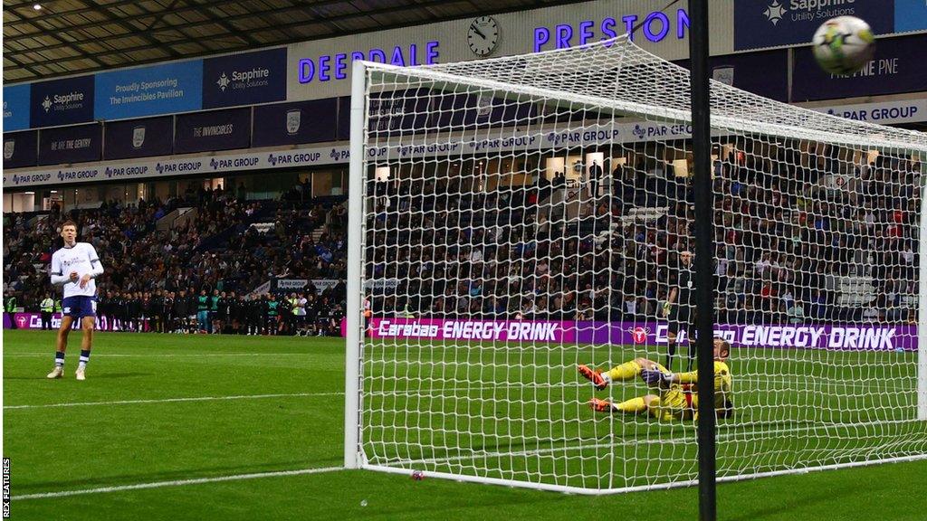 Mads Frokjaer misses his penalty kick against Salford