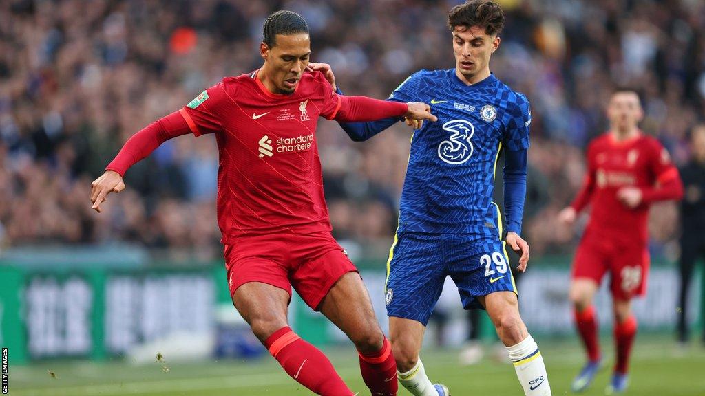 Virgil van Dijk of Liverpool and Chelsea's Kai Harvertz during the 2022 Carabao Cup final between Liverpool at and Chelsea