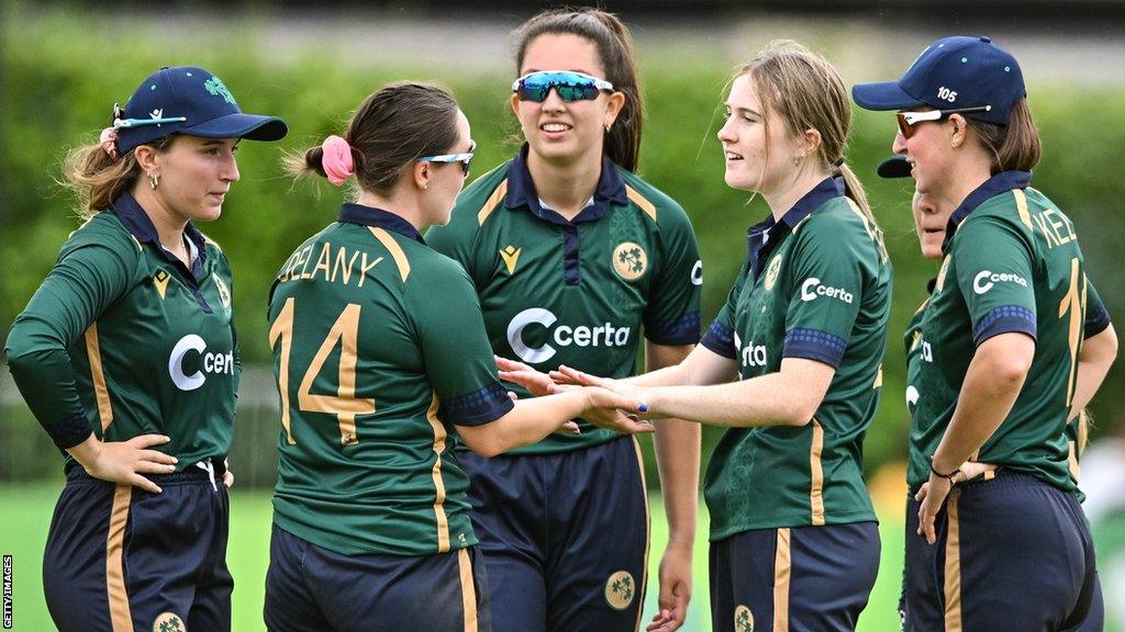 Skipper Laura Delany congratulates Georgina Dempsey after the youngster took a wicket in the ODI game against Australia in Dublin last July