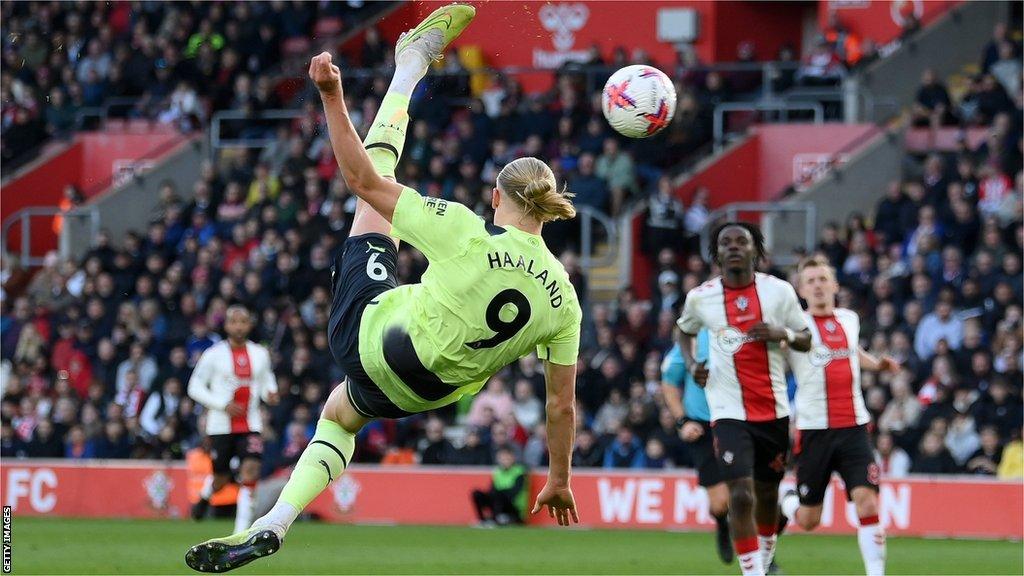 Erling Haaland scores a bicycle kick against Southampton