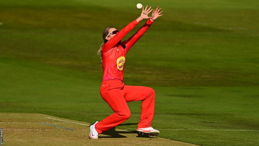 Welsh Fire's Alex Hartley tries to take a caught-and-bowled opportunity