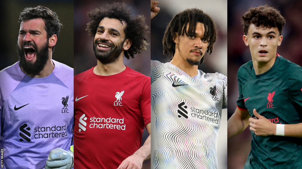 Alisson, Mohamed Salah, Trent Alexander-Arnold and Stefan Bajcetic