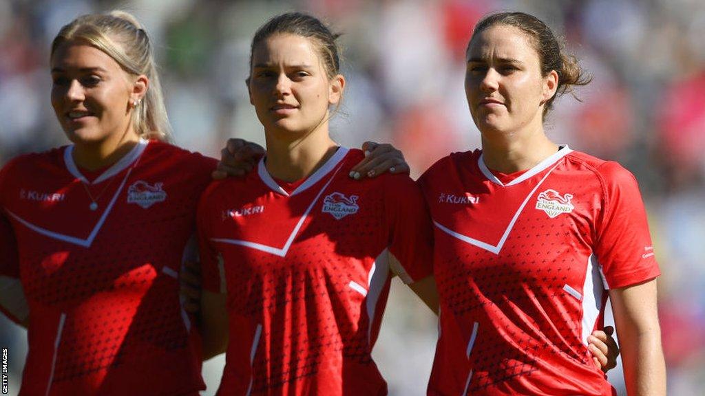 England players Sarah Glenn, Amy Jones and Nat Sciver singing the national anthem at the Commonwealth Games