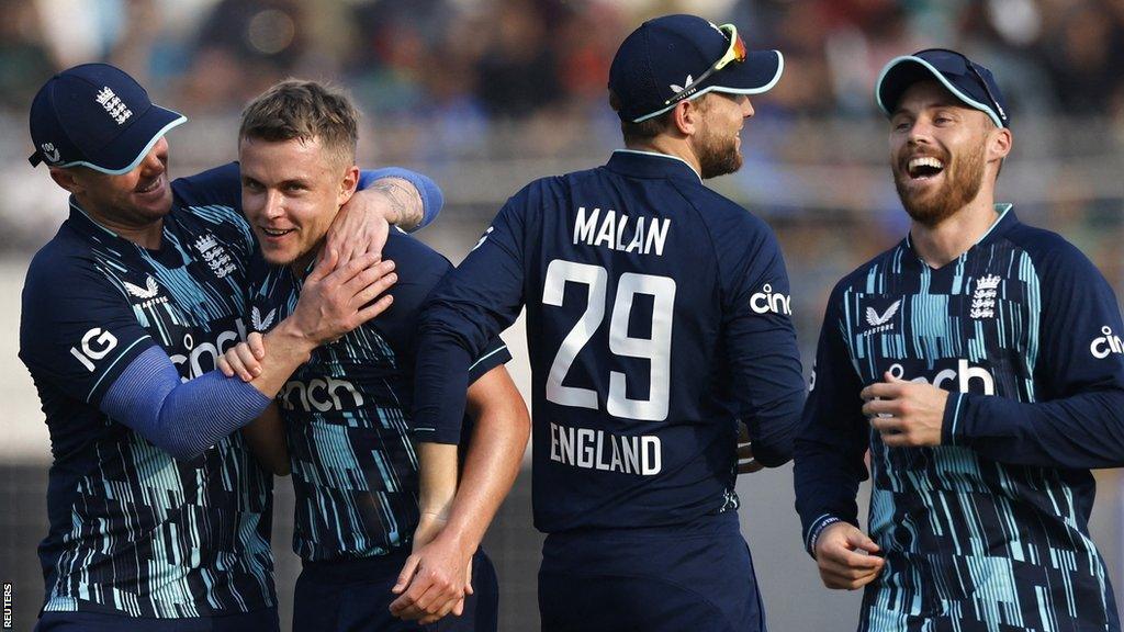 England's Sam Curran celebrates taking a wicket in second ODI v Bangladesh