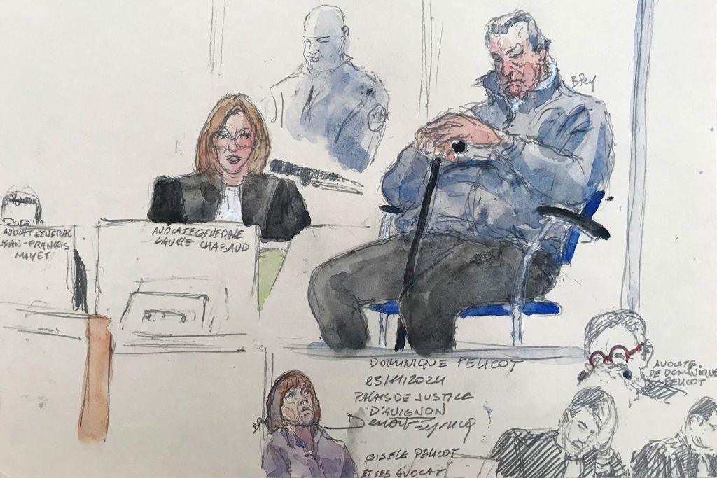 Courtroom sketch of Dominuque Pelicot dpeicted wearing a blue jacket, black trousers and using a walking stick. 

He is seated next to a prosecutor in glasses with shoulder lengthe black hair. Three others including Gisele Pelicot, sit in front. A security guard sits at the top of the image. 