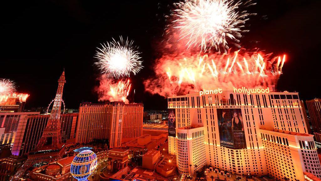 Fireworks are set off above the Las Vegas strip at the end of last year's race 