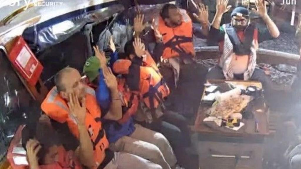 A photo purportedly showing activists with their hands up on board the Madleen ship