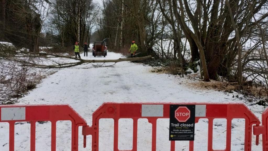 The Monsal Trail covered in snow with a red barrier and a "stop trail closed sign" at the front of the photo. Behind the signs, is a tree on the ground.