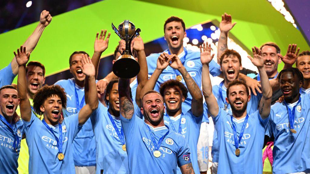 Manchester City lifting the Club World Cup trophy in 2023.