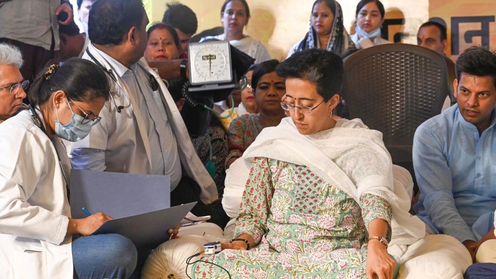 NEW DELHI, INDIA - JUNE 24: Delhi Minister Atishi during indefinite hunger strike over water crisis on June 24, 2024 in New Delhi, India. (Photo by Vipin Kumar/Hindustan Times via Getty Images)