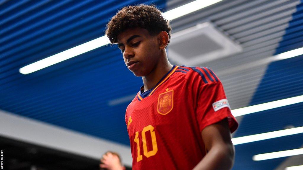 Lamine Yamal before the Uefa European Under-17 Championship 2023 Quarter-final match between Spain and Republic of Ireland in Budapest, Hungary.