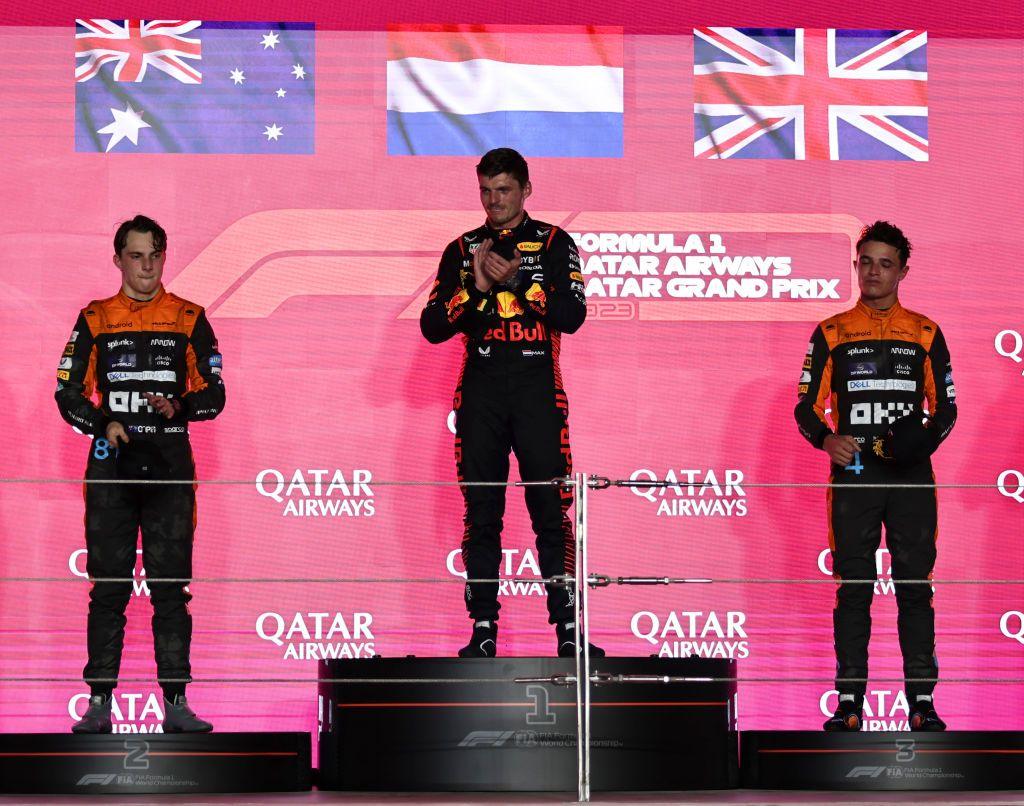 Oscar Piastri, Max Verstappen and Lando Norris on the podium in Qatar in 2023 