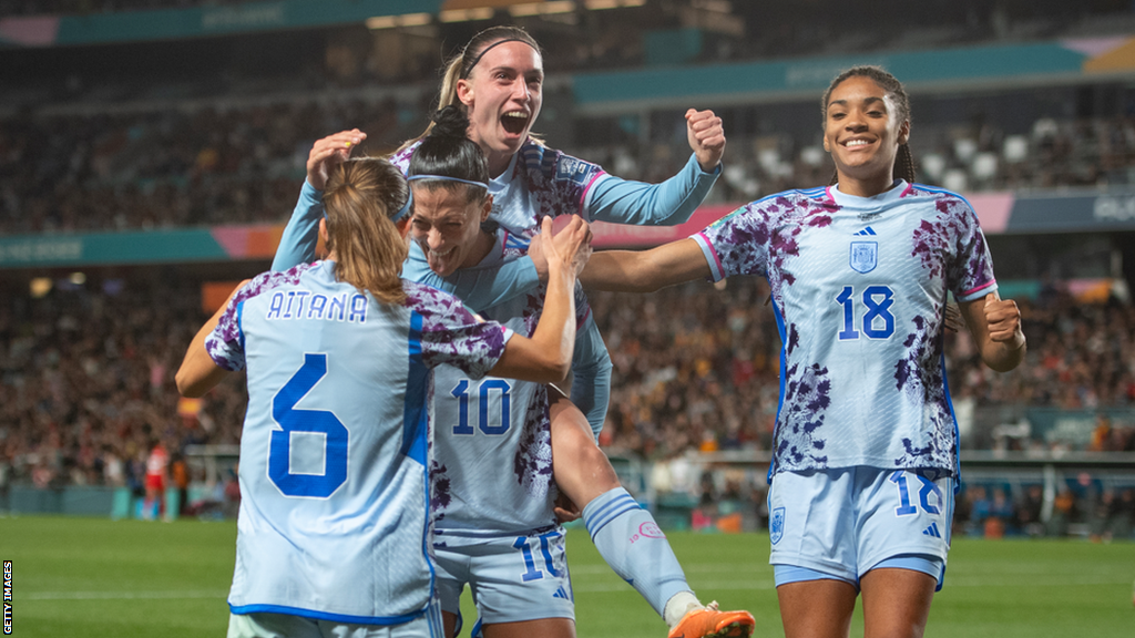 Spain's players celebrate scoring against Switzerland at the Women's World Cup