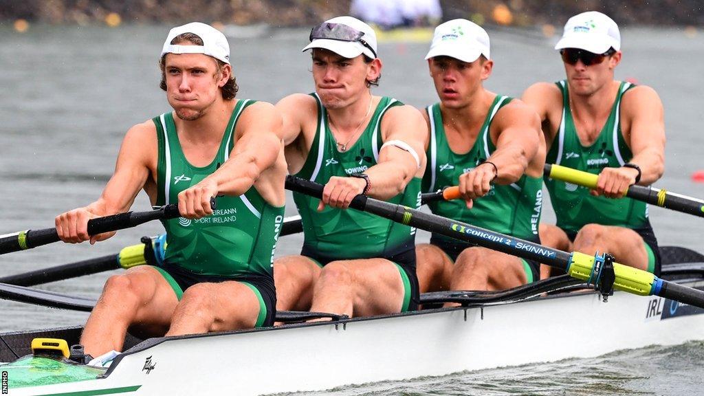 Ross Corrigan and Nathan Timoney (second and third from left) at the 2022 World Rowing Championships in Czech Republic