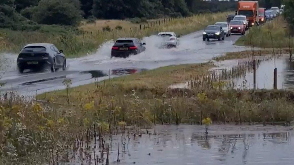 Norfolk Fire Service deals with about 20 flooding-related incidents in Thetford on Tuesday evening.