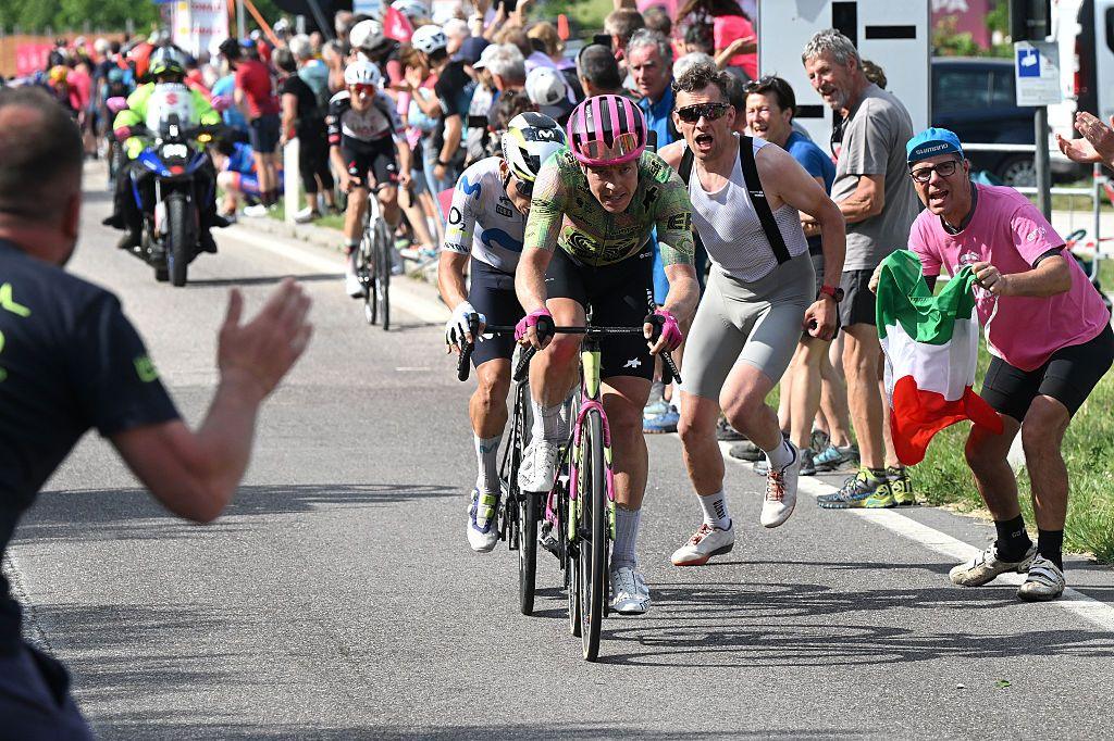 Einer Rubio of Colombia and Team Movistar and Michael Valgren of Denmark and Team EF Education-EasyPost attack in the breakaway