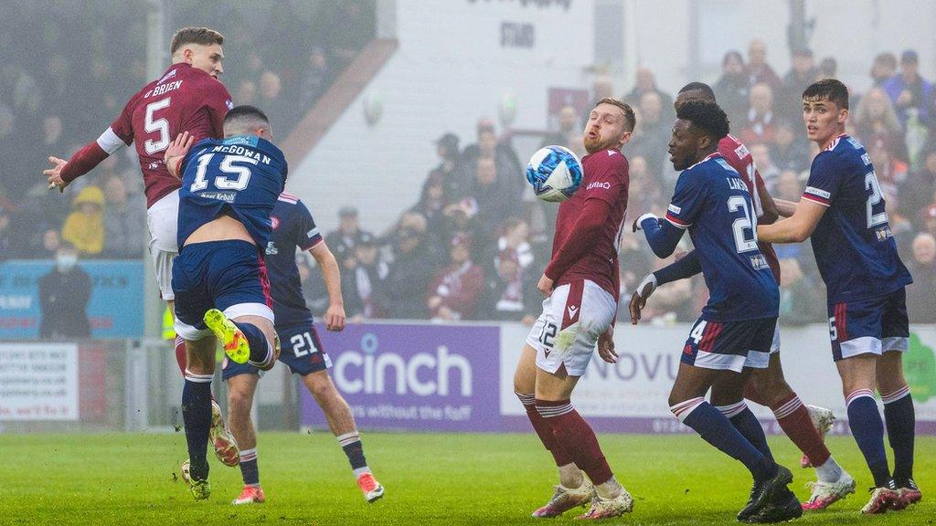 Arbroath's Thomas O'Brien heads the ball goalward