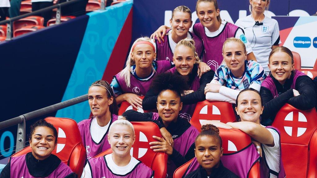 The England team on the bench during the Euro 2022 final at Wembley