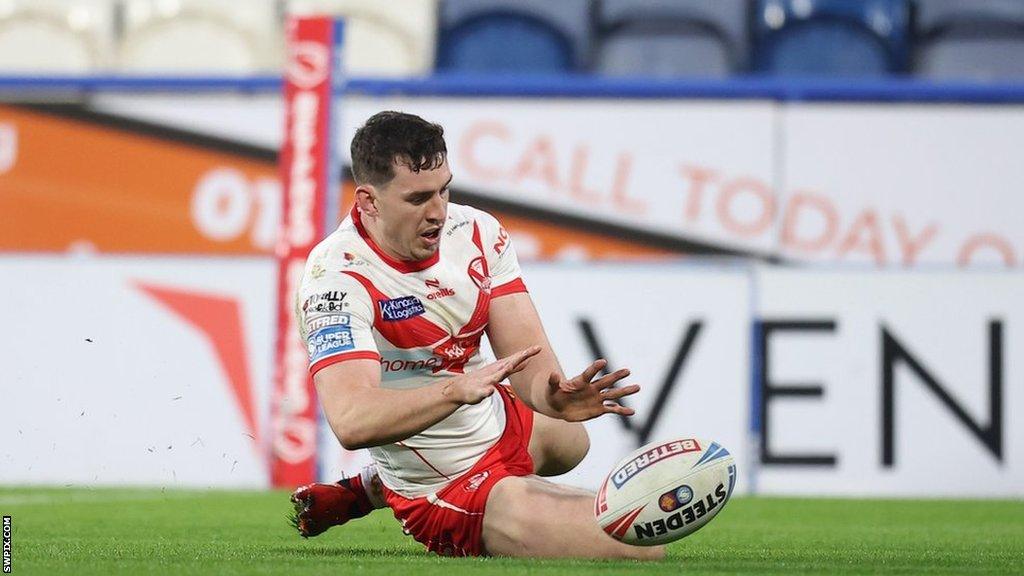 Rugby League - Betfred Super League Round 2- Huddersfield Giants v St Helens - John Smith's Stadium, Huddersfield, England - St Helens' Matt Whitley scores their first try