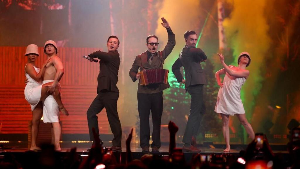 KAJ, representing Sweden, perform "Bara Bada Bastu