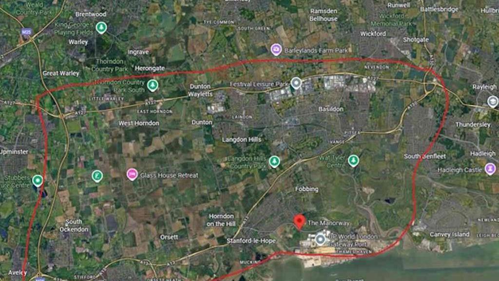A Google Map showing a large red line drawn around parts of Basildon, Thurrock, and Rochford. 
