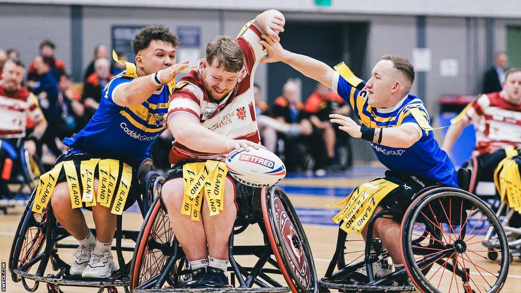 Declan Roberts tries to get through the Leeds Rhinos defence