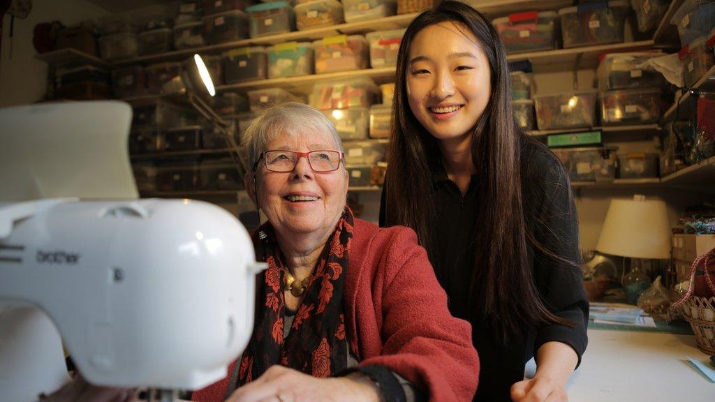 Monique and Mikyoung working on their patchwork