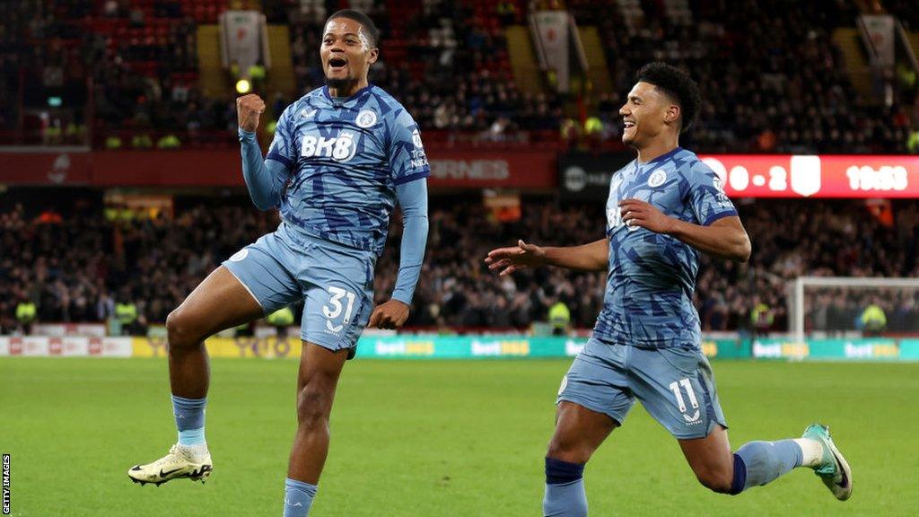 Leon Bailey and Ollie Watkins celebrate