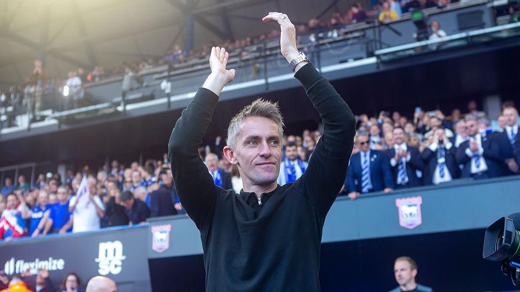Kieran McKenna celebrates promotion with Ipswich Town.