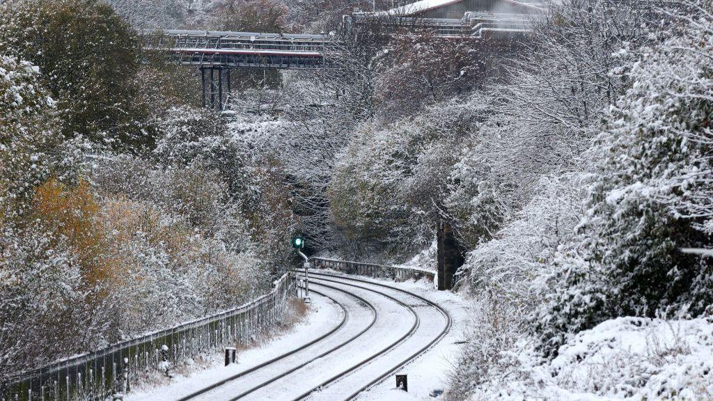 A general view of the train line at Low Moor station on November 19, 2024 in Bradford